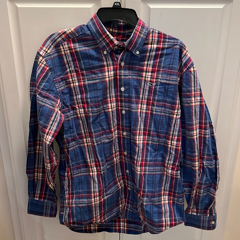 Vineyard Vines Blue Red Long Sleeve Plaid Button Up Whale Shirt Size M Men's